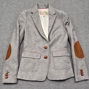 Banana Republic Petite 00P Wool Herringbone Blazer Grey Elbow Patches Academic